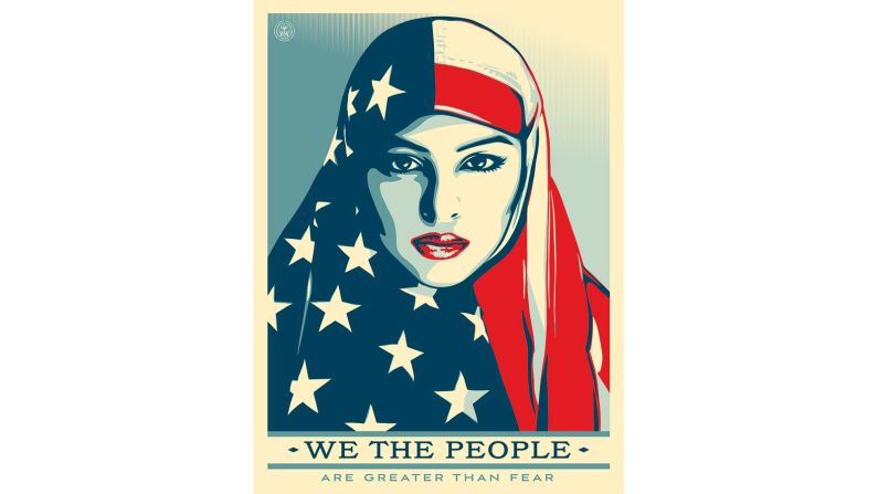 "This is part of a series of posters Shepard Fairey made ahead of Trump's inauguration. The posters are positive affirmations of Muslim, Latina and Native American women. What is interesting about it for us is that Fairey made them freely available to download, share and print because he wanted them to be as widely available as possible. So, around the time when protests were erupting as Trump proposed his ban on immigration, loads of people were carrying round these posters. It's using digital distribution to spread a work."