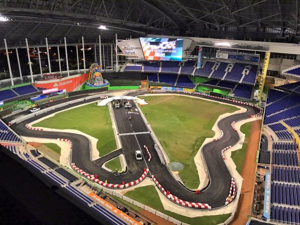 Turf's up! The transformation is complete and the Marlins Park indoor racetrack is now ready to be graced by some of the world's star racing drivers.