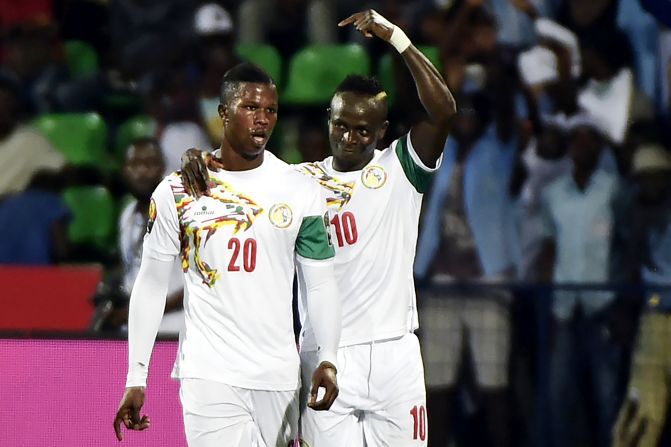 Senegal striker Sadio Mane celebrates with Baldé Diao after opening the scoring in the 2-0 win over Zimbabwe.