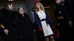 Donald Trump's White House Director of Strategic Communications Hope Hicks, Senior Counselor Steve Bannon and Counselor to the President Kellyanne Conway arrive for the presidential inauguration on the West Front of the U.S. Capitol on January 20, 2017 in Washington, DC.