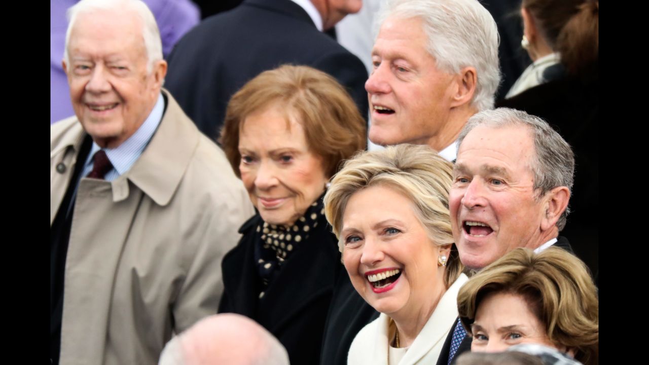 Former President Jimmy Carter, Rosalynn Carter, former President Bill Clinton, Hillary Clinton, former President George W. Bush and Laura Bush wait for the ceremony to begin.