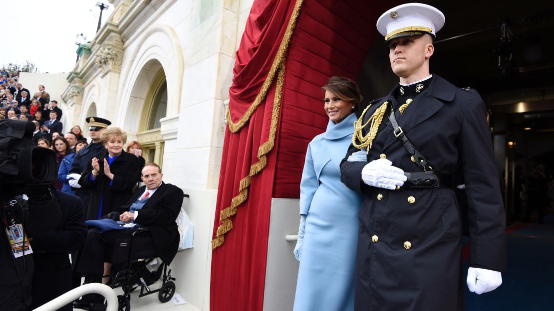 The pale blue wraparound outfit mirrors the one she wore to the inauguration of her husband in 2017.