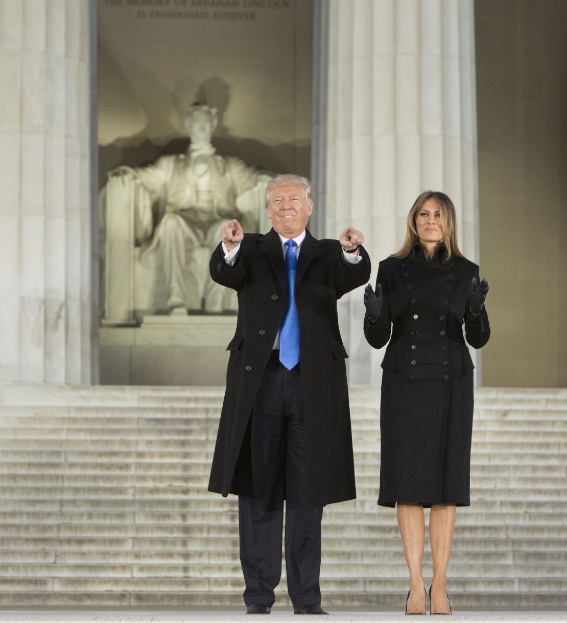 Donald Trump and wife Melania arrive for the inaugural concert at the Lincoln Memorial in Washington.