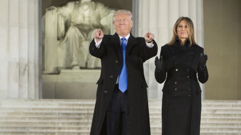 Donald Trump and wife Melania arrive for the inaugural concert at the Lincoln Memorial in Washington.