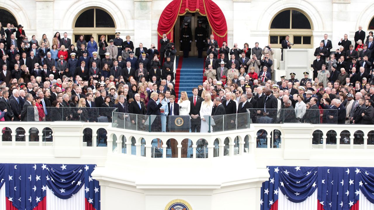 WASHINGTON, DC - JANUARY 20: President Donald Trump takes the oath of office from Supreme Court Chief Justice John Roberts on the West Front of the U.S. Capitol on January 20, 2017 in Washington, DC. In today's inauguration ceremony Donald J. Trump becomes the 45th president of the United States.