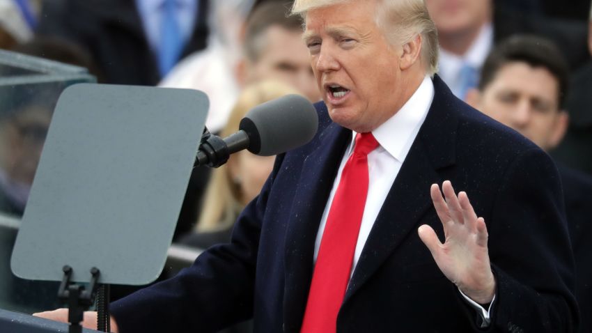 WASHINGTON, DC - JANUARY 20: U.S. President Donald Trump delivers his inaugural address on the West Front of the U.S. Capitol on January 20, 2017 in Washington, DC. In today's inauguration ceremony Donald J. Trump becomes the 45th president of the United States. (Photo by Chip Somodevilla/Getty Images)