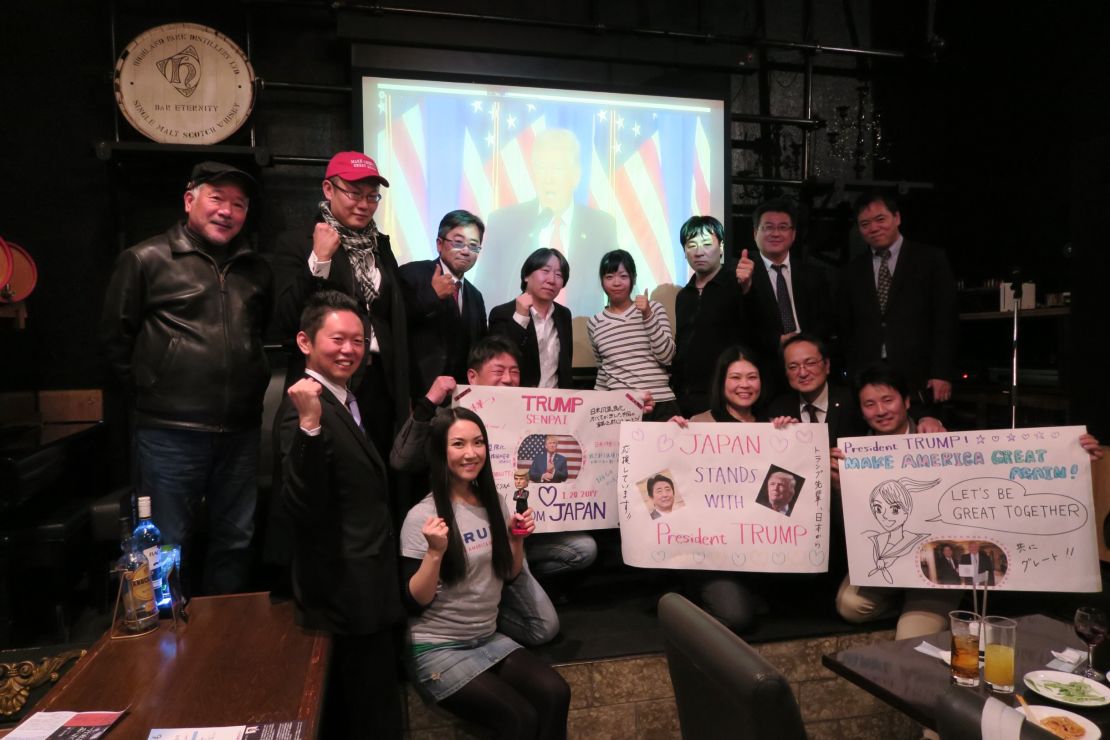 Japanese conservatives celebrate Trump's inauguration at a restaurant in the city of Fukuoka on Friday.