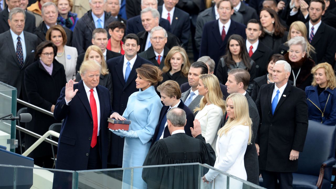 Donald Trump is sworn in as the 45th president of the United States by Chief Justice John Roberts. Trump is joined by his wife, Melania, and his five children: from right, Tiffany, Eric, Ivanka, Donald Jr. and Barron. <a href="http://www.cnn.com/interactive/2017/01/politics/trump-inauguration-gigapixel/" target="_blank">See a panoramic Gigapixel from his inauguration</a>