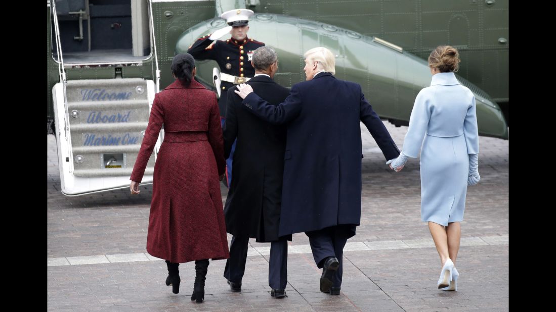 The Obamas and Trumps walk to Marine One after Donald Trump was sworn in as President.