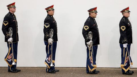Members of a military band line up prior to marching in the Presidential Inaugural Parade.
