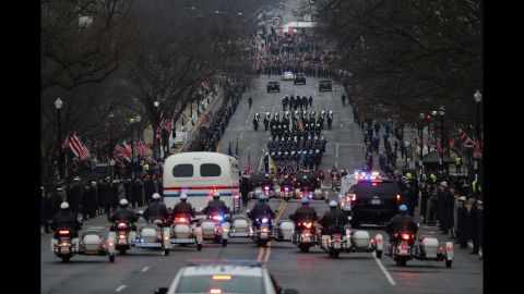 Police escorts participate in the Presidential Inaugural Parade procession on January 20, in Washington.