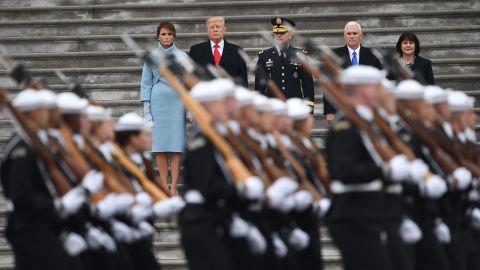 From left, first lady Melania Trump, President Donald Trump, US Army Maj. Gen. Bradley Becker, Vice President Mike Pence and Karen Pence review the troops as part of the inaugural ceremonies.
