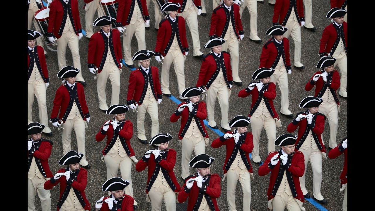 The U.S. Army Old Guard Fife and Drum Corps marches in the Presidential Inaugural Parade on Friday, January 20, in Washington.