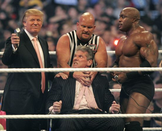 Trump took part in WWE's Wrestlemania in 2007 for an event billed as the "Battle of the Billionaires." He shaved the head of WWE chairman Vince McMahon, held down here by Bobby Lashley (R) and ''Stone Cold'' Steve Austin, after winning a bet -- and even bodyslammed McMahon for good measure.