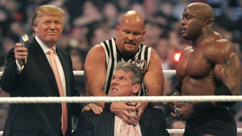 WWE chairman Vince McMahon prepares to have his head shaved by Donald Trump and Bobby Lashley while being held down by ''Stone Cold'' Steve Austin after losing a bet in the Battle of the Billionaires at the 2007 World Wrestling Entertainment's Wrestlemania at Ford Field on April 1, 2007 in Detroit, Michigan.