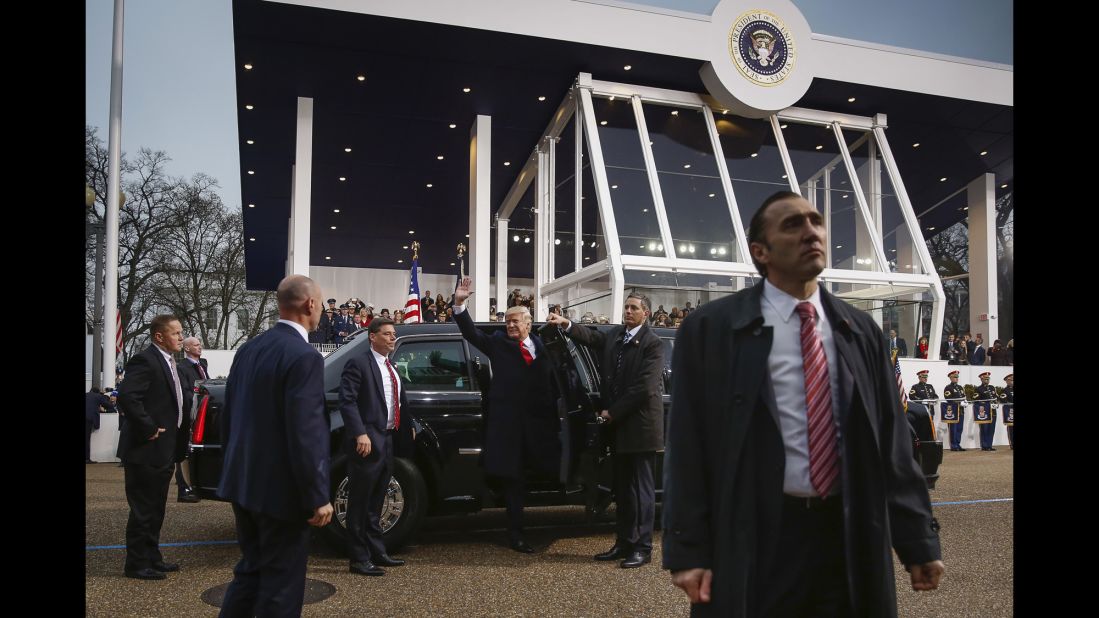 President Donald Trump steps out of his limousine in front of the Presidential Inaugural Parade reviewing stand on Pennsylvania Avenue on Friday, January 20.