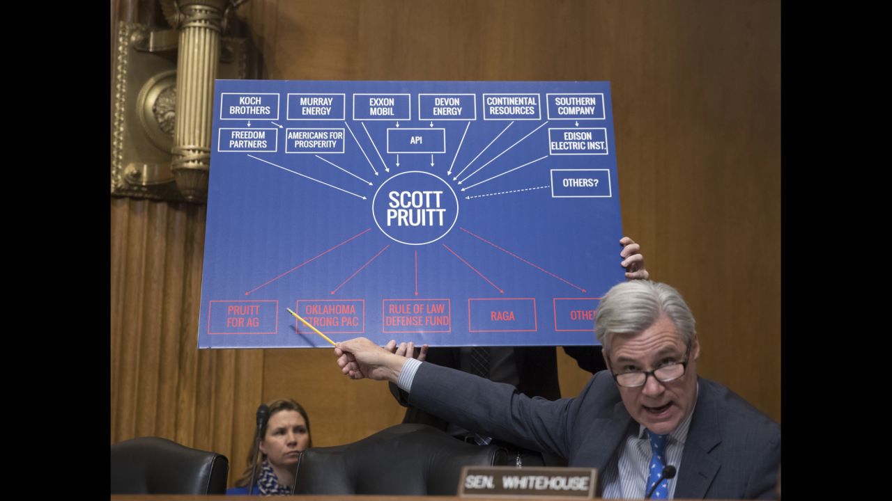 Sen. Sheldon Whitehouse points to a chart as he questions Scott Pruitt, President Donald Trump's pick to lead the Environmental Protection Agency, during <a href="http://www.cnn.com/2017/01/18/politics/scott-pruitt-epa-hearing/index.html" target="_blank">Pruitt's confirmation hearing</a> on Wednesday, January 18. Although Pruitt broke with Trump and said he doesn't believe climate change is a hoax, he did not indicate he would take swift action to address environmental issues that may contribute to climate change.