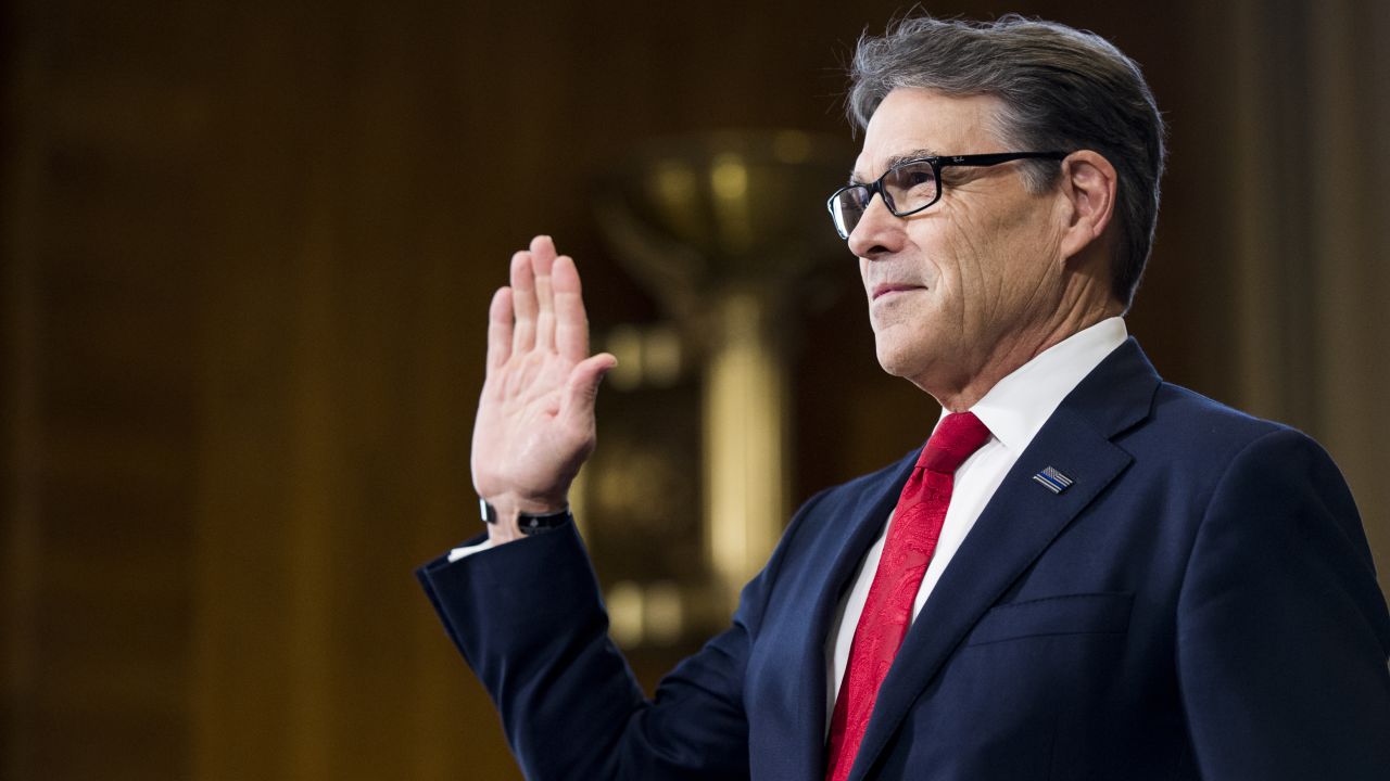 Rick Perry, President Trump's nominee for secretary of energy, is sworn in before <a href="http://www.cnn.com/2017/01/19/politics/rick-perry-hearing-energy-department/index.html" target="_blank">his confirmation hearing</a> in on Thursday, January 19. Perry, who once felt the Department of Energy should be shut down, said at the hearing that he regrets calling for the agency's elimination. 