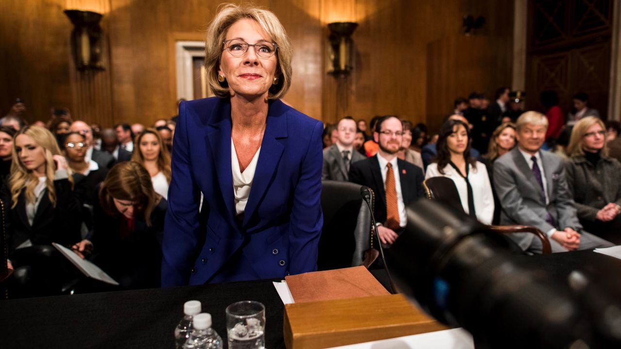 Betsy DeVos, President Donald Trump's pick to lead the Education Department, attends <a href="http://www.cnn.com/2017/01/17/politics/betsy-devos-education-nominee-donald-trump/index.html" target="_blank">her confirmation hearing</a> on Tuesday, January 17. DeVos, who has spent millions to advance conservative causes in her home state of Michigan and across the country, was questioned by Democratic senators who believe she is not qualified to lead the nation's education system.