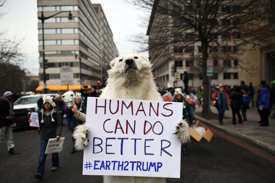 A person clad as a polar bear carries a sign during the protests in Washington. 
