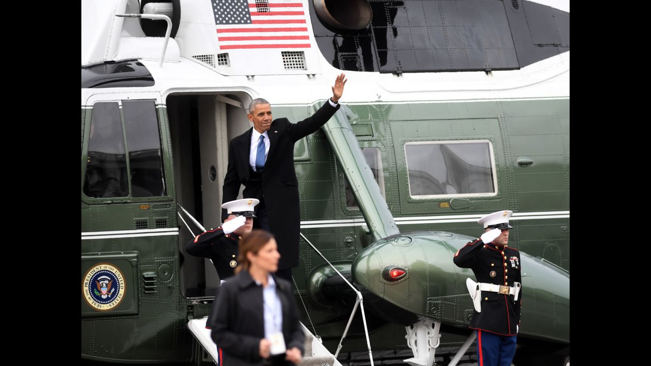 Barack Obama waves as he boards a military helicopter to depart Washington on Friday, January 20, following the presidential inauguration of Donald Trump. <a href="http://www.cnn.com/2017/01/20/politics/obamas-exit-white-house/index.html" target="_blank">Post-presidency</a>, Obama said he wants to begin writing a book with the help of his White House speechwriter, Cody Keenan. He's also named a senior adviser and a chief of staff for his private office, and on Friday a website that allows users to inquire about his upcoming speaking engagements went live.