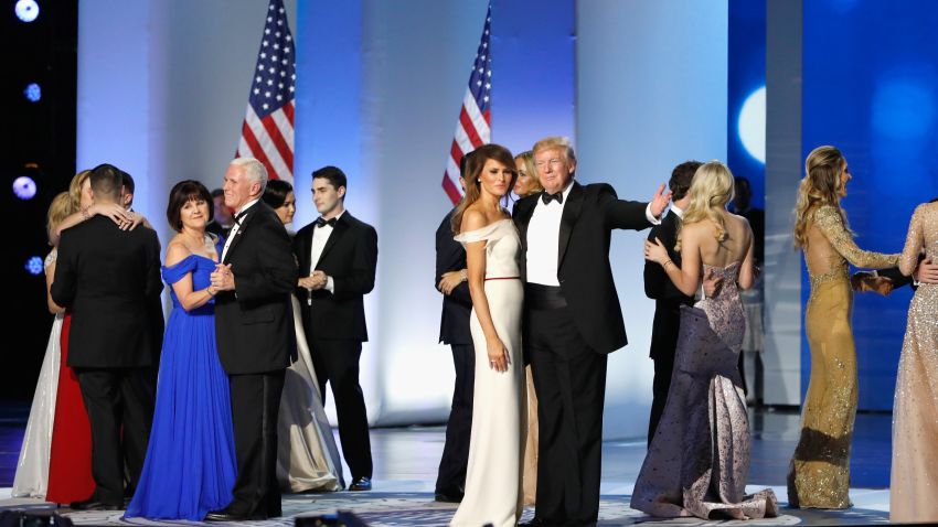 President Donald Trump, first lady Melania Trump, Vice President Mike Pence and his wife Karen dance with their families on stage at the Freedom Inaugural Ball at the Washington Convention Center January 20, 2017 in Washington, D.C.  President Trump was sworn today as the 45th U.S. President.  (Photo by Aaron P. Bernstein/Getty Images)
