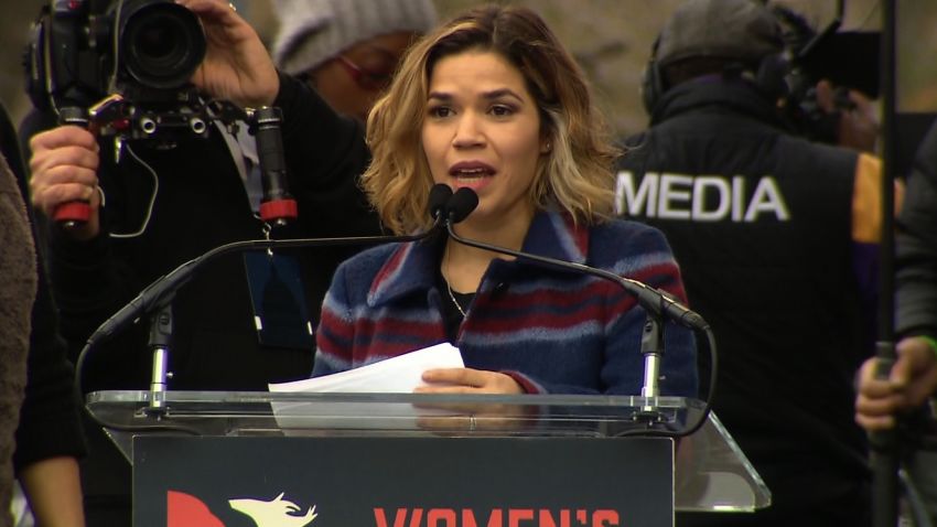 Actress America Ferrera gievs a speech at a women's march in Washington