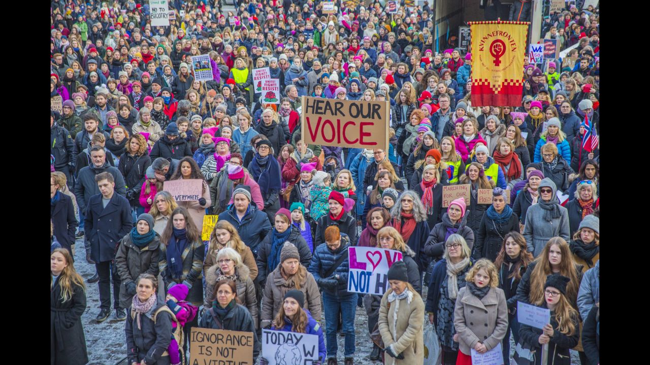 Demonstrators gather in Oslo, Norway, on Saturday, January 21, to show solidarity with the Women's March on Washington and other protests around the world. The goal of the marches is to raise awareness of women's rights and other civil rights participants fear could be threatened under Donald Trump's presidency.
