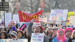 Protesters cheer at the Women's March on January 21, 2017 in Chicago, Illinois. Thousands of demonstrators took to the streets in protest after the inauguration of President Donald Trump. 