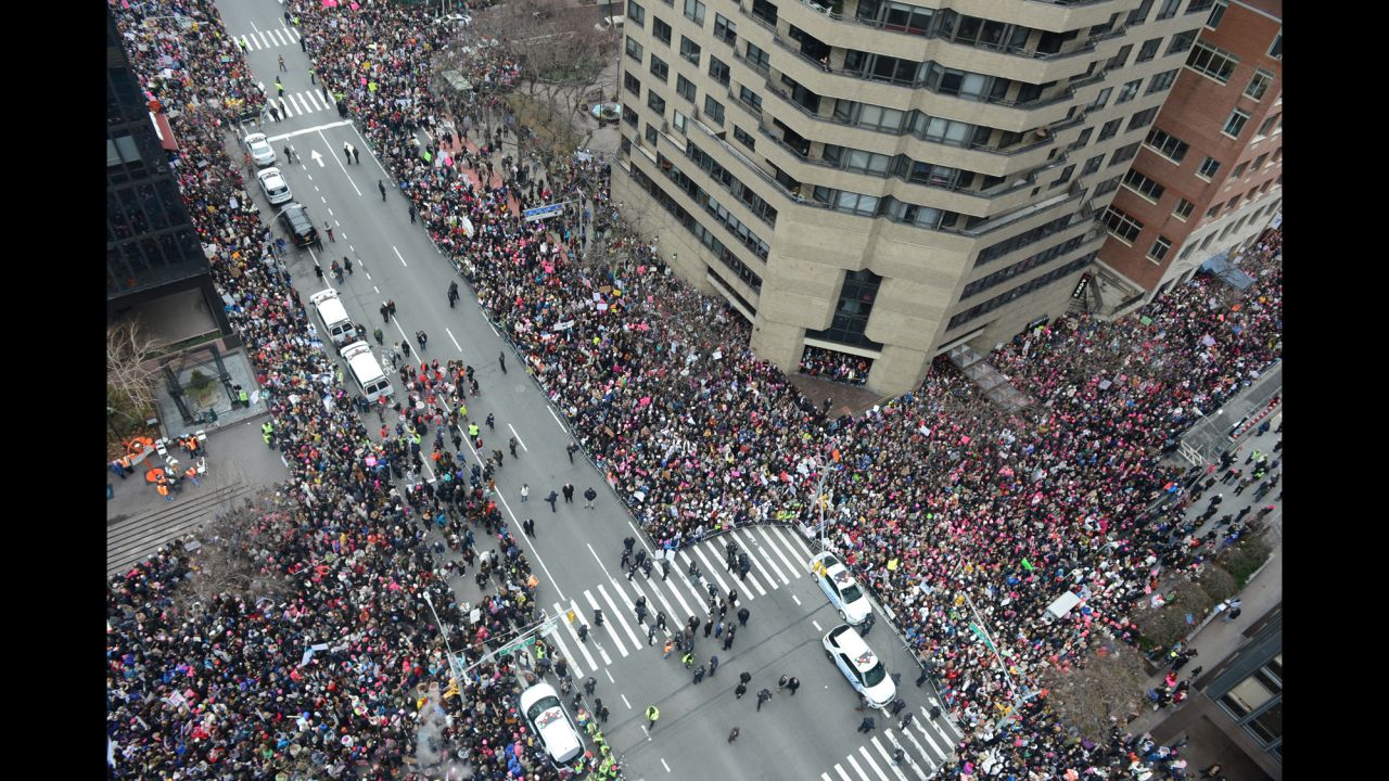 Thousands of participants converge on Dag Hammarskjold Plaza and 2nd Avenue during the Women's March in New York City.