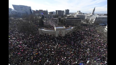 Activists gather in Civic Center Park for the Women's March on Denver on Saturday, January 21.
