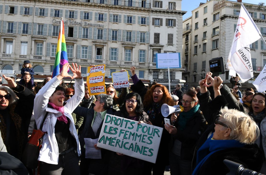 Protesters march in Marseille, France, in solidarity with women in Washington and around the world.