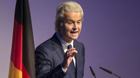 Geert Wilders, leader of the Dutch Freedom Party, gestures as he speaks during a Europe of Nations and Freedom meeting in Koblenz, Germany, on Saturday, January 21, 2017. 