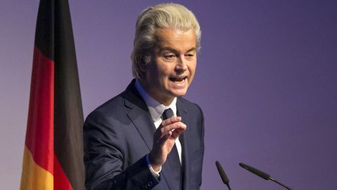 Geert Wilders, leader of the Dutch Freedom Party, gestures as he speaks during a Europe of Nations and Freedom meeting in Koblenz, Germany, on Saturday, January 21, 2017.