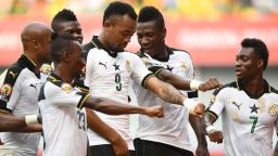 Ghana's forward Asamoah Gyan (2nd-R) celebrates with teammates after scoring a goal during the 2017 Africa Cup of Nations group D football match between Ghana and Mali in Port-Gentil on January 21, 2017. / AFP / Justin TALLIS        (Photo credit should read JUSTIN TALLIS/AFP/Getty Images)