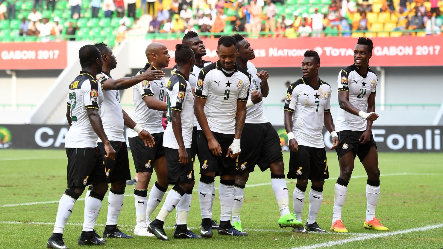 Ghana's players celebrate Asamoah Gyan's winning goal with a trademark choreographed dance.