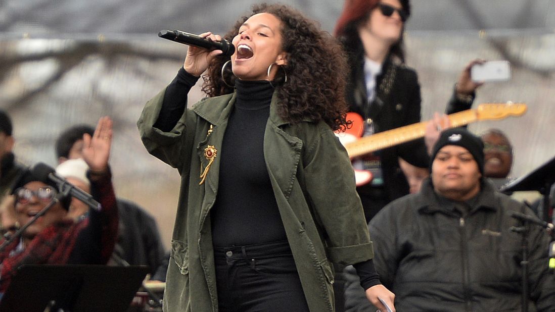 Singer Alicia Keys performs on the National Mall in Washington, DC, for the Women's March on January 21, 2017.