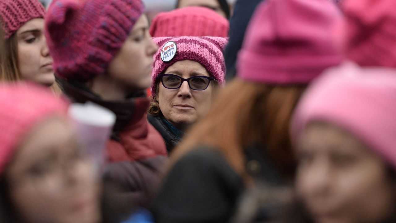 The pink "pussyhat" with cat ears became the symbol the the Woman's March on Washington as a reference to President Donald Trump's remarks about grabbing women by their genitalia during the election.
