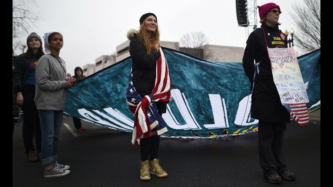 Demonstrators protest on the National Mall in Washington, DC, for the Women's March on January 21, 2017.