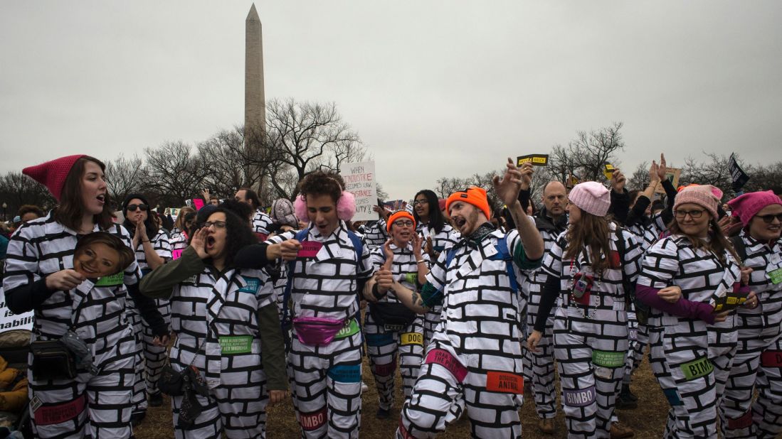 Demonstrators at the Women's March rally toward the White House on the National Mall.