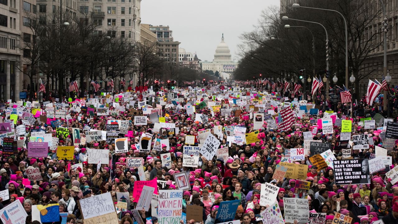 A large crowd walks down Pennsylvania Avenue after the start of the Women's March on Washington on Saturday, January 21, 2017. Organizers said the march is sending a message to Donald Trump that "women's rights are human rights." Similar protests unfolded across the country.