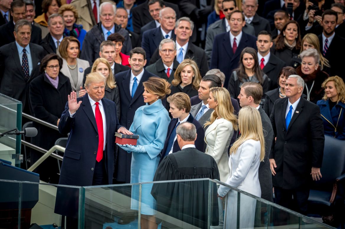 Donald Trump is sworn in as the 45th President of the United States during <a href="http://www.cnn.com/2017/01/20/politics/donald-trump-inauguration-highlights/" target="_blank">his inauguration ceremony</a> on Friday, January 20. Trump's wife, Melania, is holding a family Bible and a Bible that belonged to former President Abraham Lincoln. Next to Melania, from left, are Trump's children: Barron, Donald Jr., Ivanka, Tiffany and Eric.