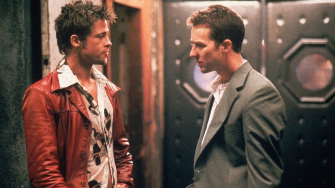 Brad Pitt, left, is Edward Norton's alternate personality, Tyler Durden, who launches a destructive anarchist organization in "Fight Club."