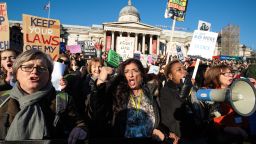 LONDON, ENGLAND - JANUARY 21: Protesters chant as they arrive in Trafalgar Square during the Women's March on January 21, 2017 in London, England. The Women's March originated in Washington DC but soon spread to be a global march calling on all concerned citizens to stand up for equality, diversity and inclusion and for Women's rights to be recognised around the world as human rights. Global marches are now being held, on the same day, across seven continents. (Photo by Jack Taylor/Getty Images)