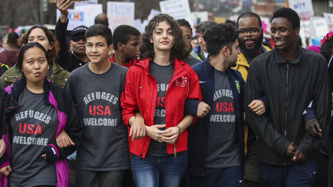 Marchers lead a group at the Atlanta Women's March.