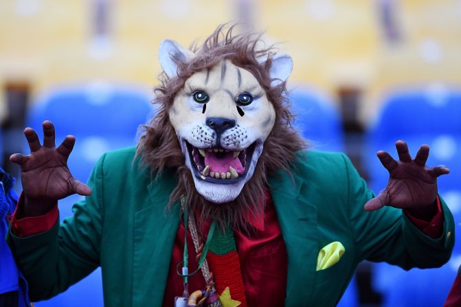 A supporter of the Cameroon Indomitable Lions dresses for the part for the match against host Gabon.