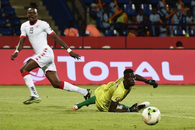 Guinea-Bissau's goalkeeper Jonas Mendes looks on in despair as Burkina Faso goes ahead in their Group A final game in Franceville.