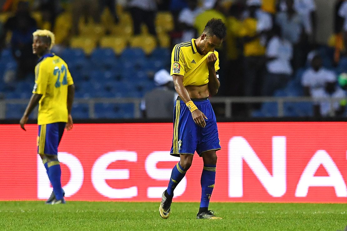 Gabon's star player Pierre-Emerick Aubameyang cuts a dejected figure as his side exited AFCON 2017.