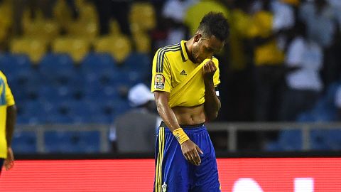 Gabon's star player Pierre-Emerick Aubameyang cuts a dejected figure as his side exited AFCON 2017.