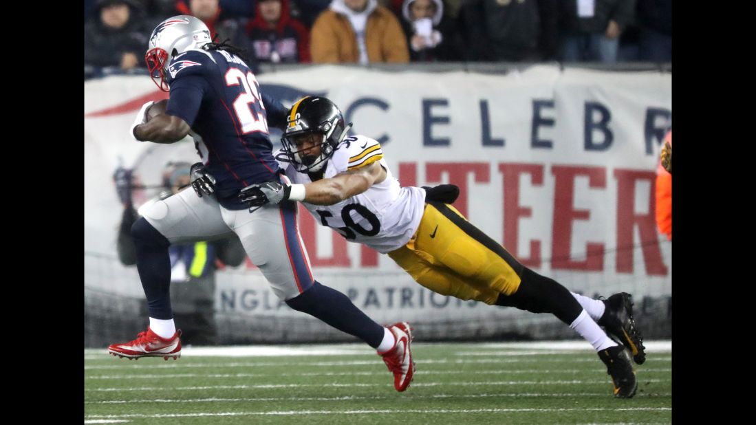 The New England Patriots beat the Pittsburgh Steelers 36-17 to win the AFC Championship game at Gillette Stadium in Foxborough, Massachusetts, on Sunday. Here, LeGarrette Blount of the Patriots runs against  Ryan Shazier of the Steelers in the first quarter.